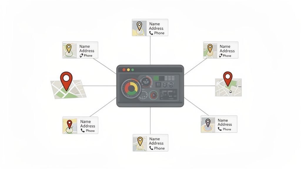 Um diagrama que mostra um dashboard central ligado a vários marcadores de mapa e cartões de informação de contacto, ilustrando a gestão multissede.