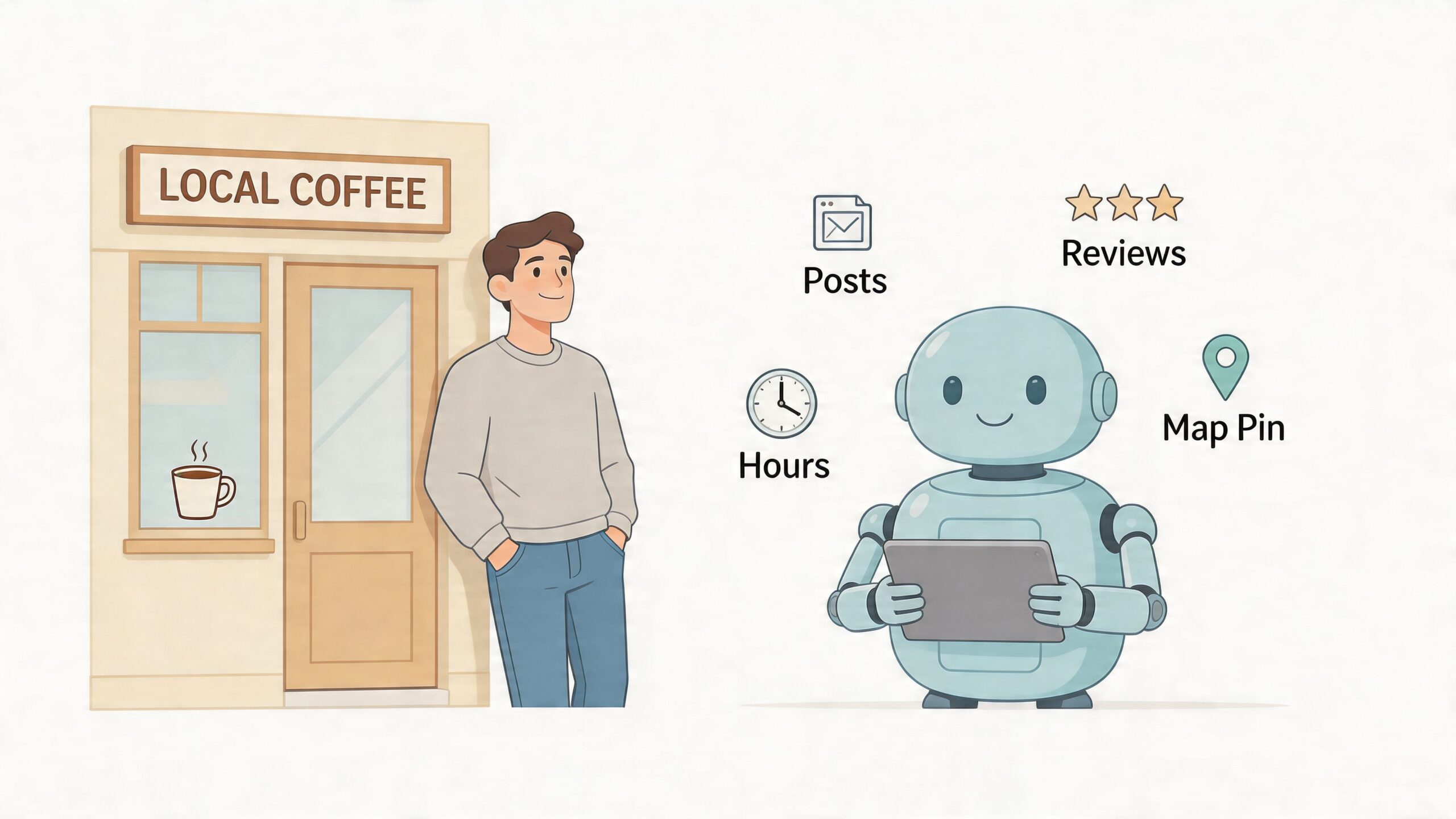 Een man staat naast een koffiezaak terwijl een vriendelijke robot online digitale bedrijfsinformatie beheert.