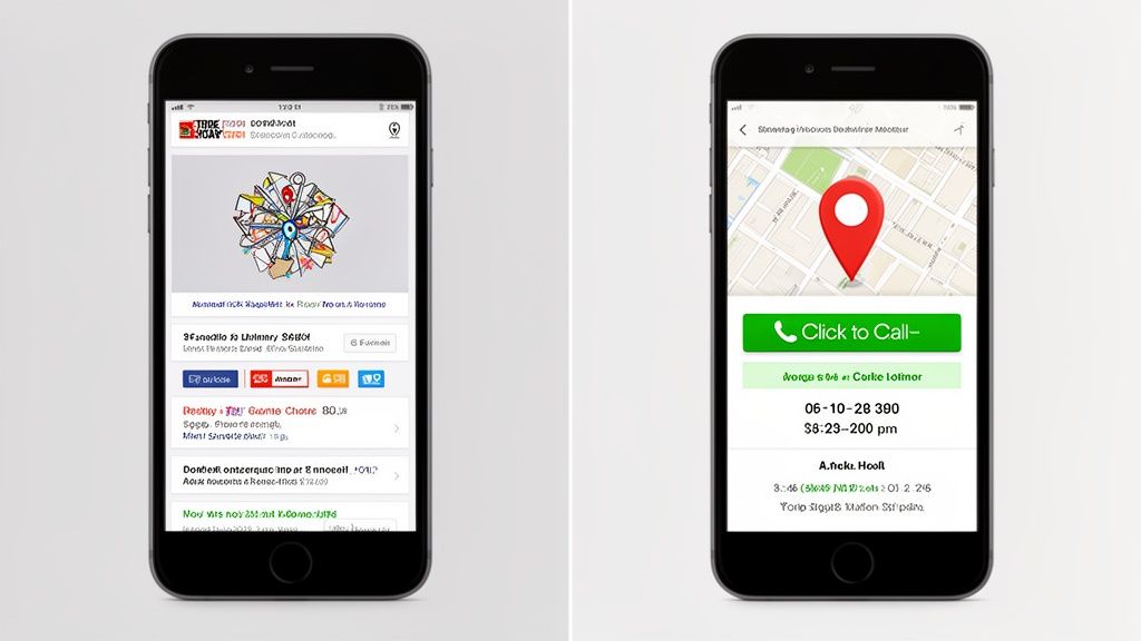 Dos smartphones mostrando interfaces de aplicaciones móviles, uno con un feed social y otro con un mapa y un botón de llamada.