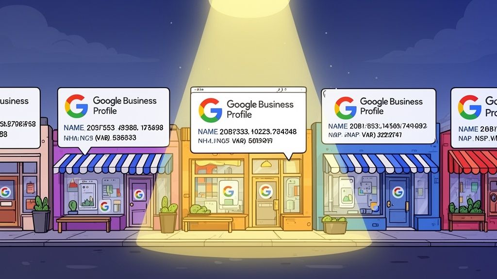 A digital illustration showing a row of local businesses with Google Business Profile icons lit by spotlights.