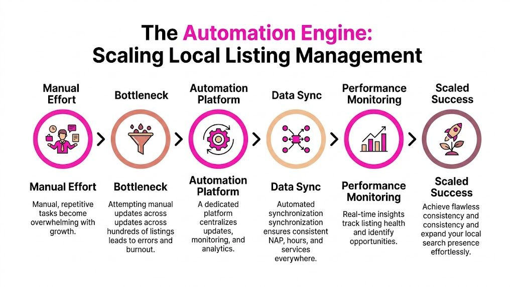 A process flow chart illustrating how an automation engine scales local listing management from manual effort to success.