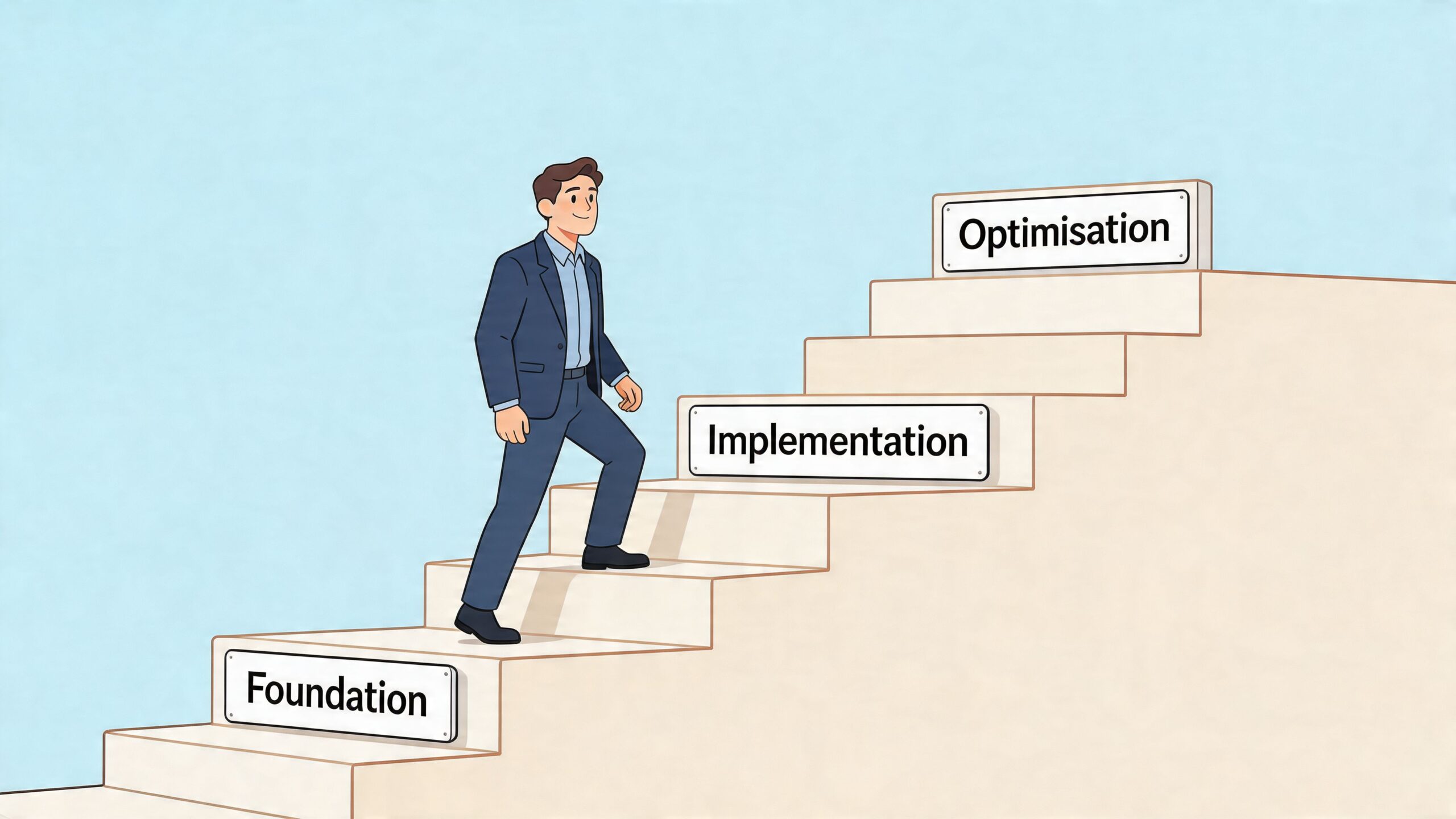 Ein professioneller Mann steigt eine dreistufige Treppe mit den Stufen Foundation, Implementation und Optimisation vor blauem Hintergrund hinauf.