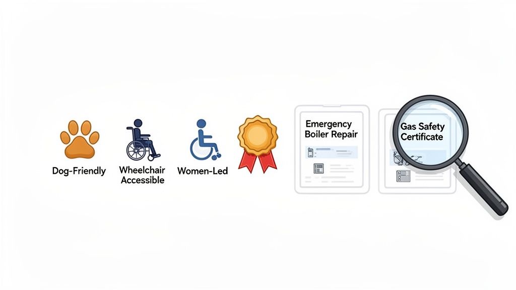 Iconos que representan negocios aptos para perros, accesibles en silla de ruedas, liderados por mujeres y certificados de seguridad.