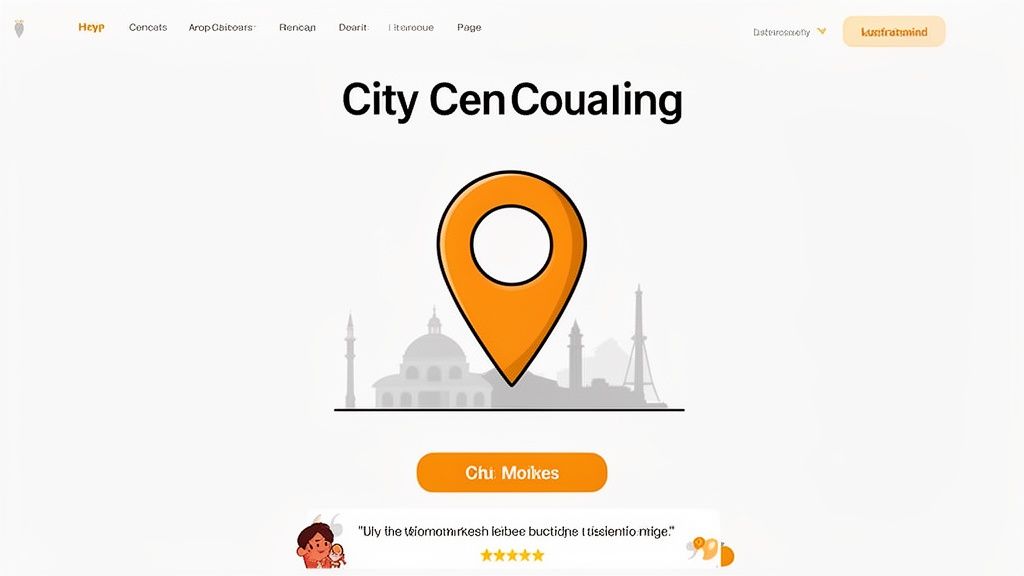 Um ícone laranja de marcador de localização, destacado sobre uma silhueta desfocada do horizonte da cidade, indicando uma localização central.