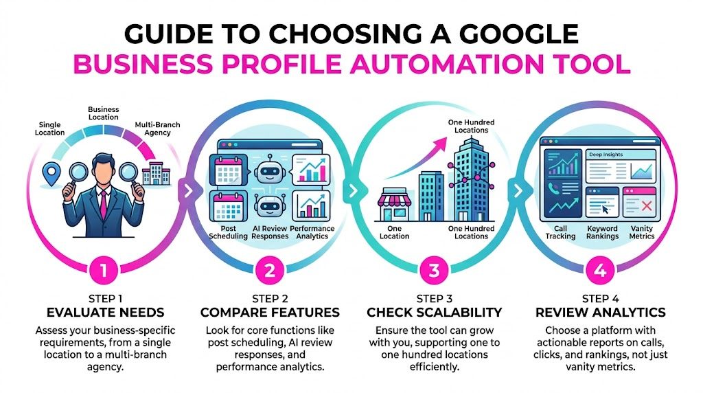 Een infographic in vier stappen die laat zien hoe je efficiënt een automatiseringstool voor Google Business Profile kiest.