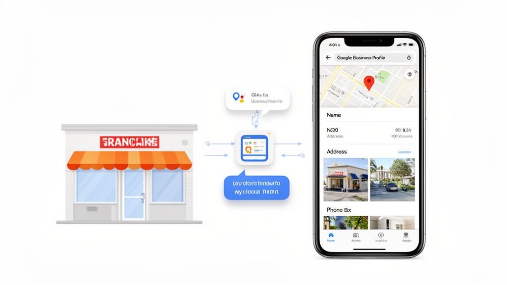 Diagram ukazující franšízový podnik, který spravuje svůj firemní profil Google pro lokální online viditelnost.