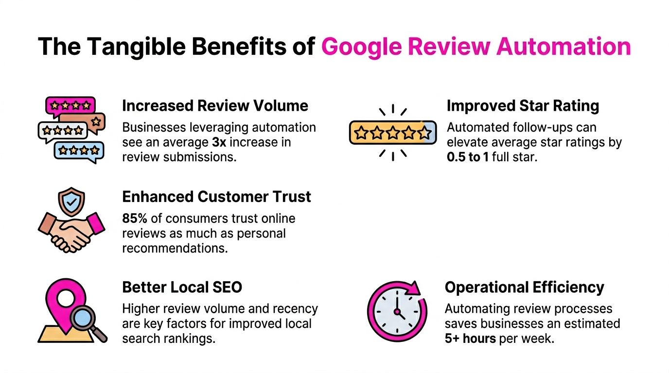 En infografik, der fremhæver de konkrete forretningsmæssige fordele ved at implementere automatiserede processer og strategier til indsamling af Google-anmeldelser.