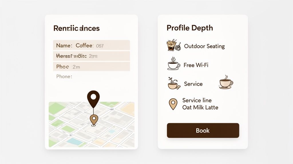 Dos tarjetas de interfaz de usuario que muestran los detalles de una cafetería, la ubicación en el mapa, servicios como Wi‑Fi y un botón de reserva.