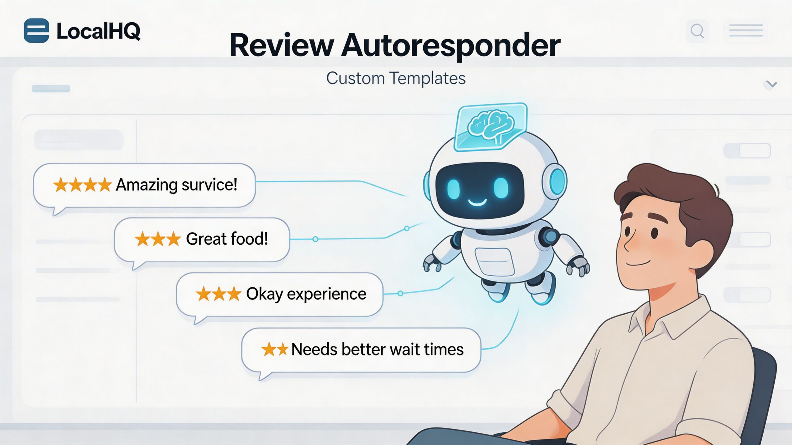 Um assistente robótico amigável a ajudar um homem a gerir avaliações de clientes com um sistema automatizado de resposta por IA.
