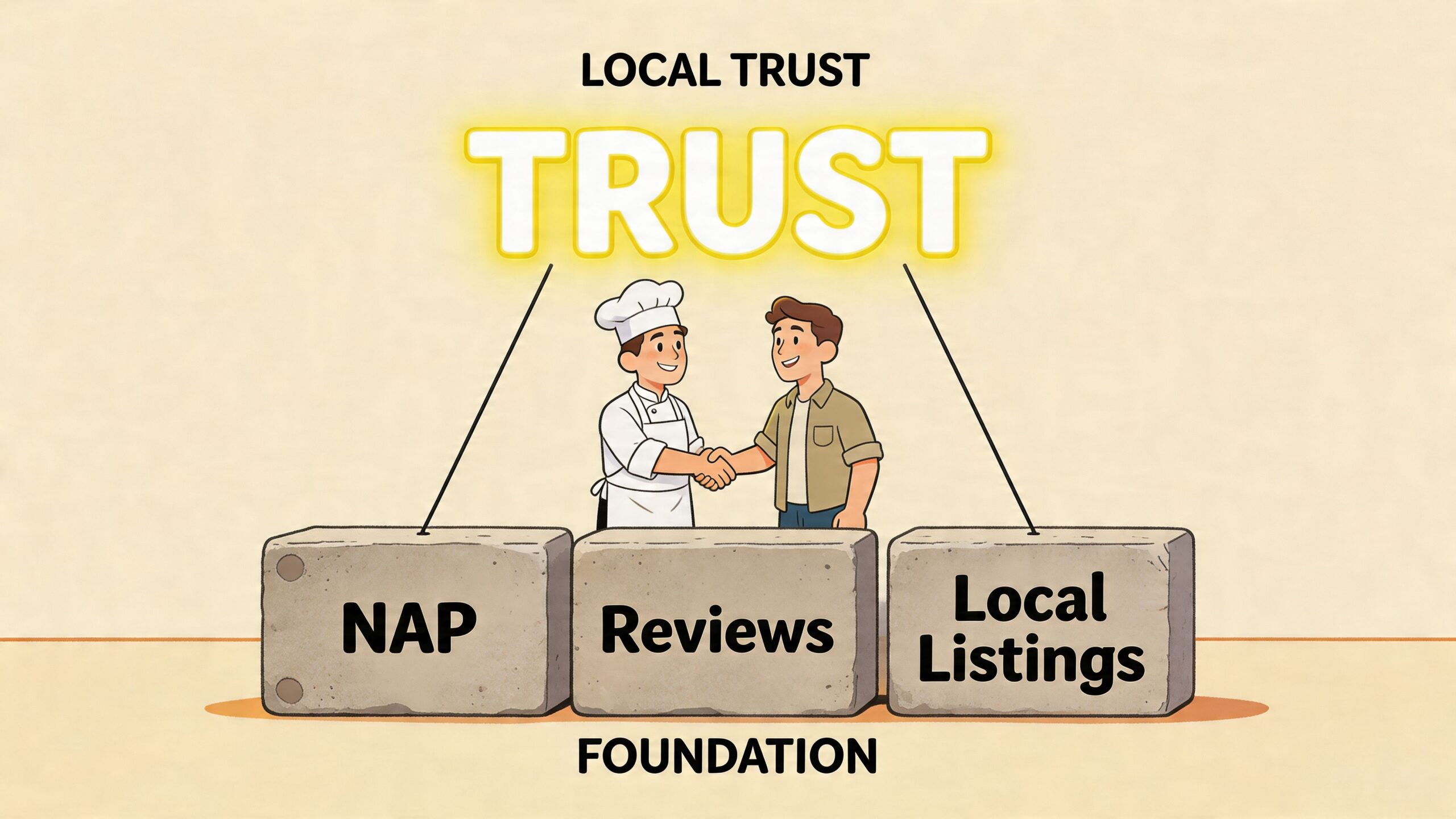 Un diagrama que ilustra la base de la confianza local, compuesta por NAP, reseñas y fichas de empresas locales.