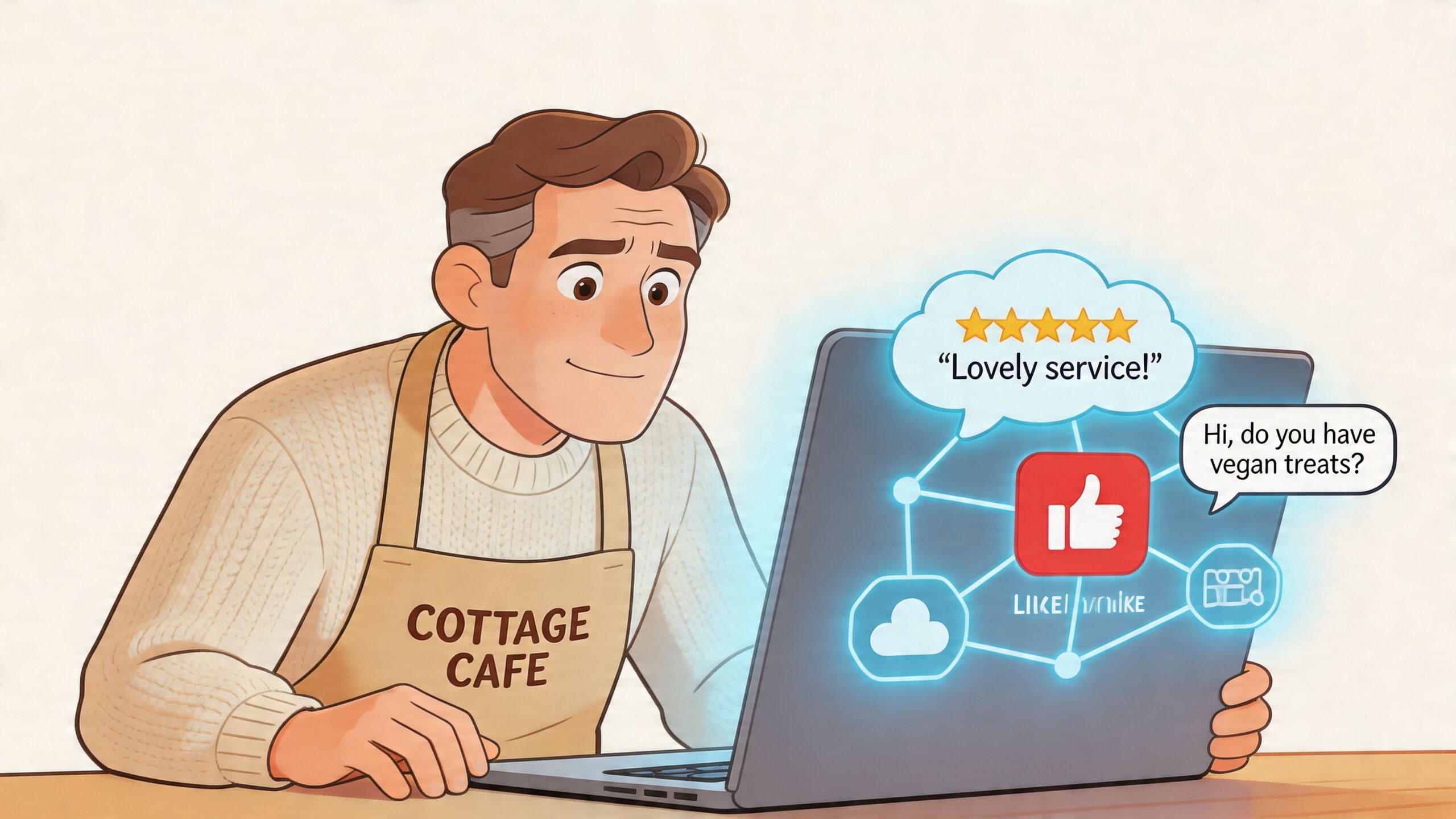 A cafe owner wearing an apron checking customer reviews and messages on a laptop screen.
