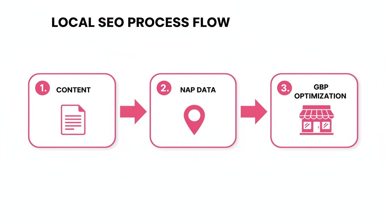 Een duidelijk stroomdiagram illustreert de drie belangrijkste stappen van lokale SEO: content, NAP-gegevens en GBP-optimalisatie.