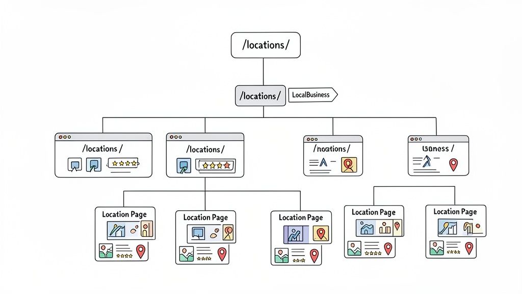 Diagramma che illustra una strategia SEO multi-sede con pagine di sede padre e figlie e schema.