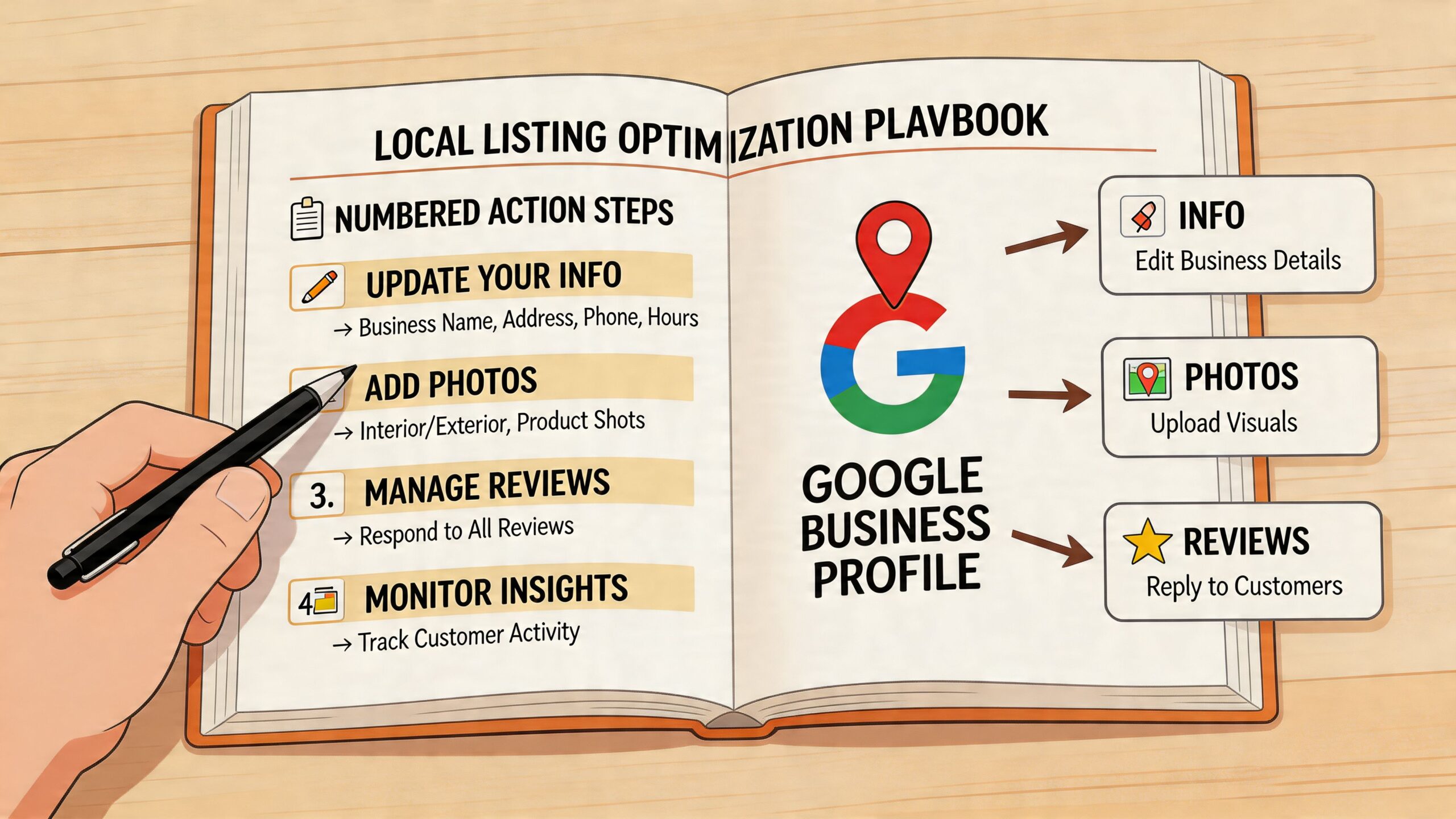 An open book showing a Google Business Profile local listing optimization playbook with four numbered action steps.