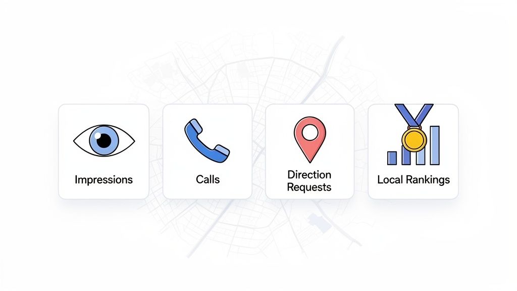 Illustratieve iconen die belangrijke lokale SEO-metrics weergeven: impressies, telefoontjes, routeaanvragen en lokale rankings.