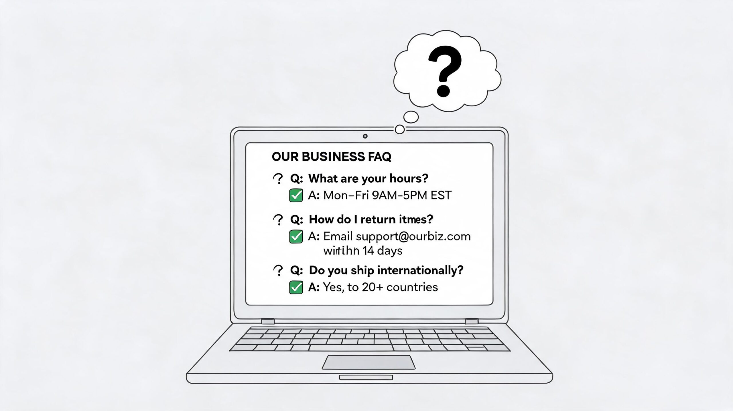 Un dibujo lineal de un portátil que muestra una pantalla de FAQ de empresa con tres preguntas y respuestas.