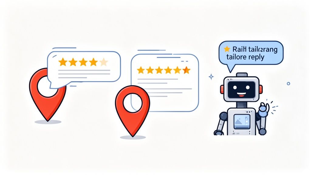 Um robô fornece respostas personalizadas às avaliações de clientes e às classificações por estrelas para várias localizações de negócios.