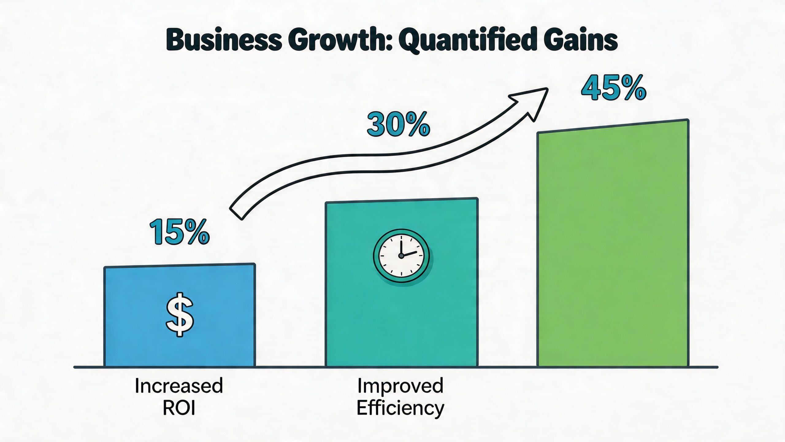 A bar chart showing business growth with 15% increased ROI, 30% improved efficiency, and 45% total gains.