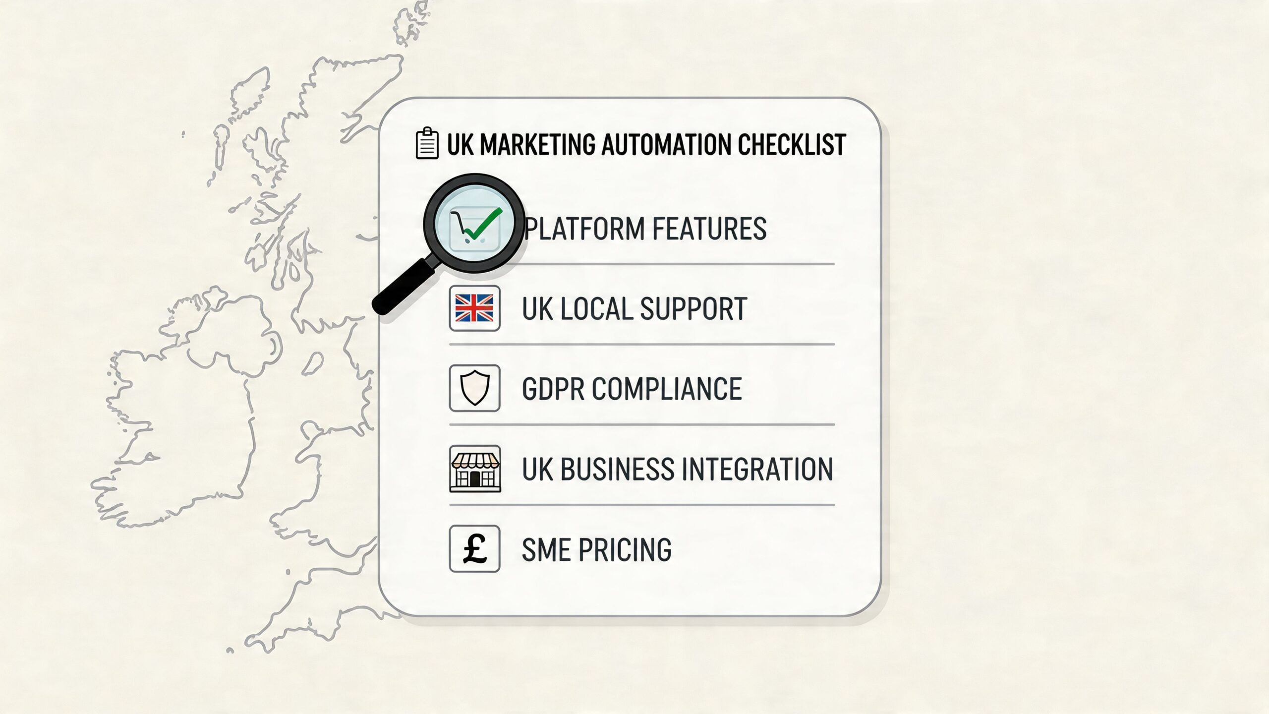 Eine Checkliste mit unverzichtbaren Funktionen für Marketing-Automatisierungssoftware in Großbritannien, einschließlich lokalem Support und Geschäftsintegration.