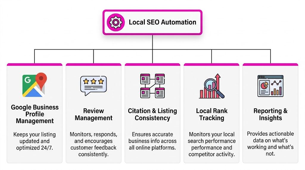 Ein Organigramm, das die fünf zentralen Komponenten sowie die Funktionen und Fähigkeiten der Local-SEO-Automatisierungssoftware zeigt.