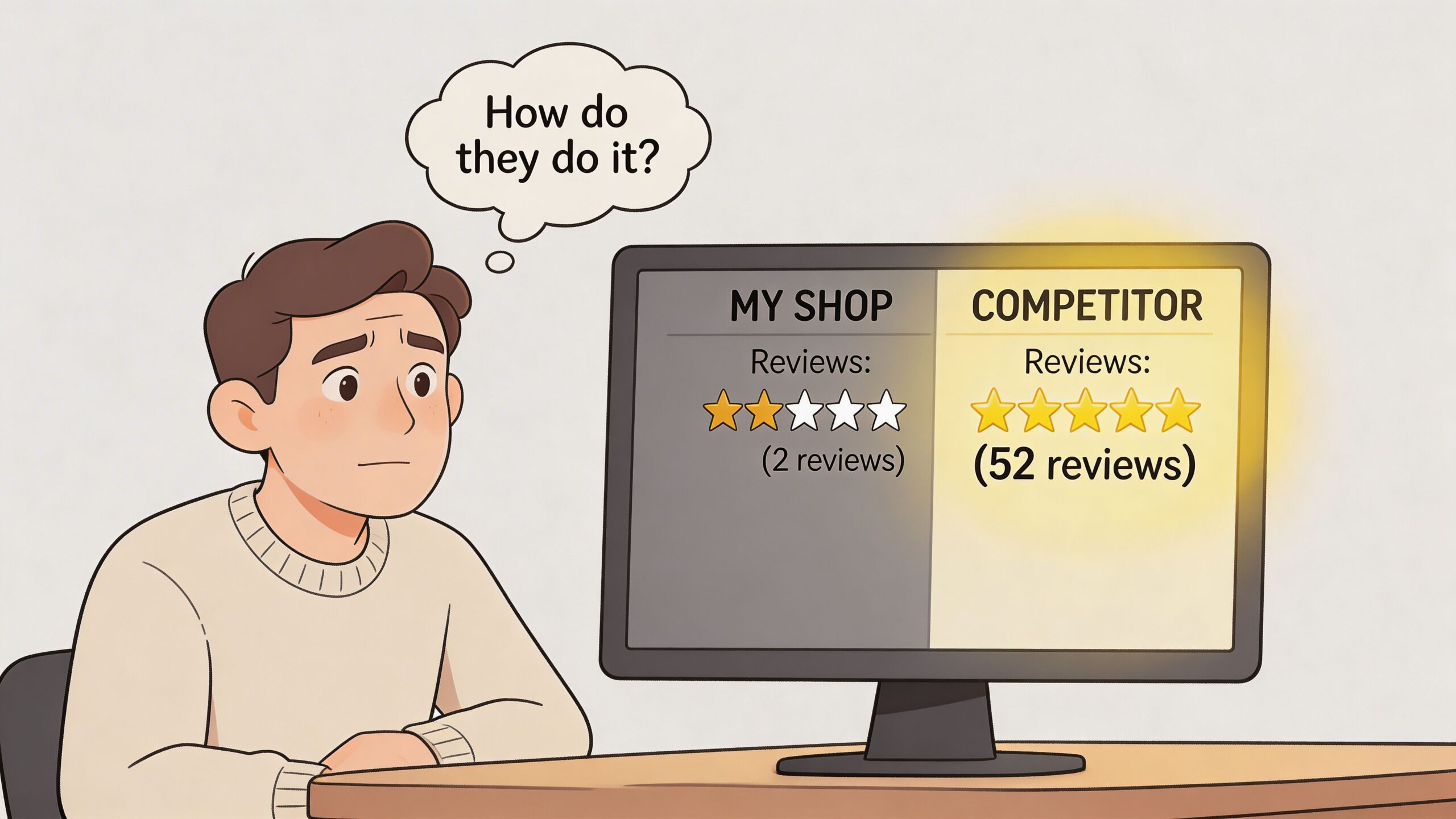 Un propietario de una tienda preocupado, mirando la pantalla de un ordenador y comparando reseñas bajas de productos con las de un competidor de éxito.
