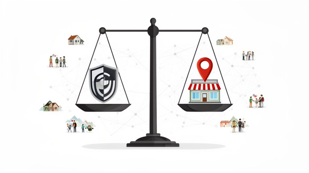 Een weegschaal die een gegevensbeschermingsschild afzet tegen een lokaal franchisebedrijf met een locatiepin.