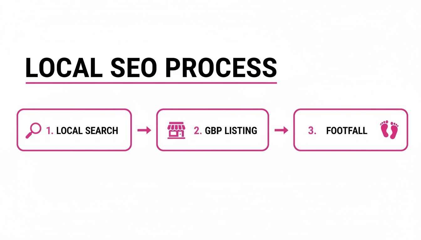 Infografika znázorňující proces lokálního SEO ve třech krocích: lokální hledání, záznam GBP a návštěvnost pobočky.