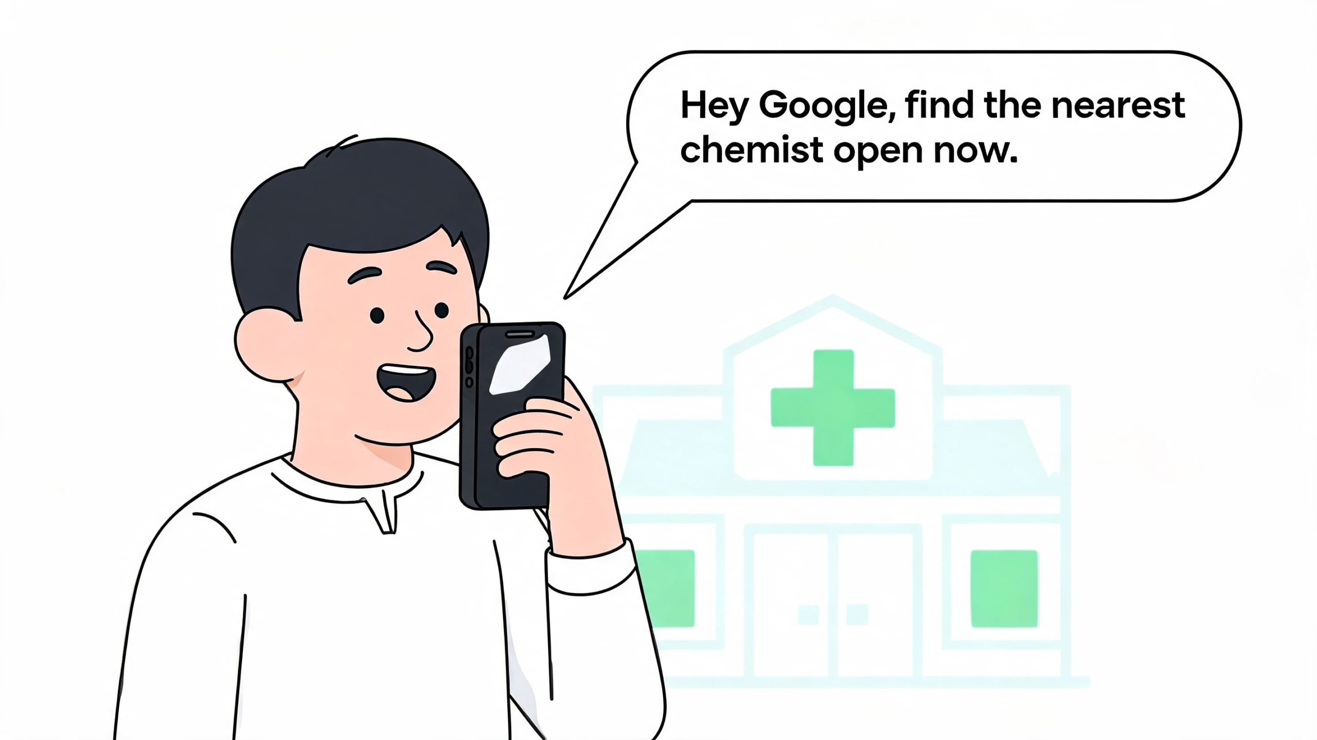 Una persona usando la búsqueda por voz en un smartphone para encontrar una farmacia local cercana.