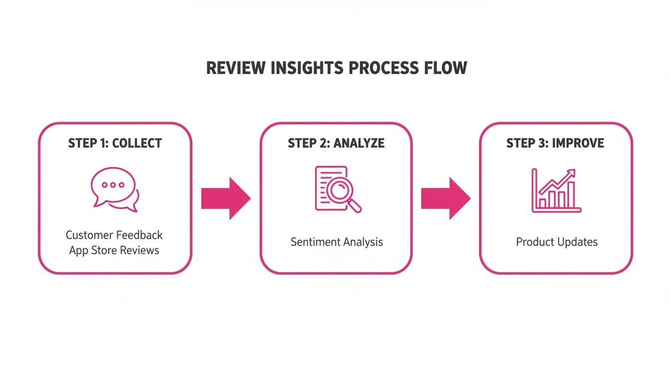 Un diagramma di flusso del processo di analisi delle recensioni che mostra i passaggi: raccogliere il feedback dei clienti, analizzare il sentiment e migliorare il prodotto.