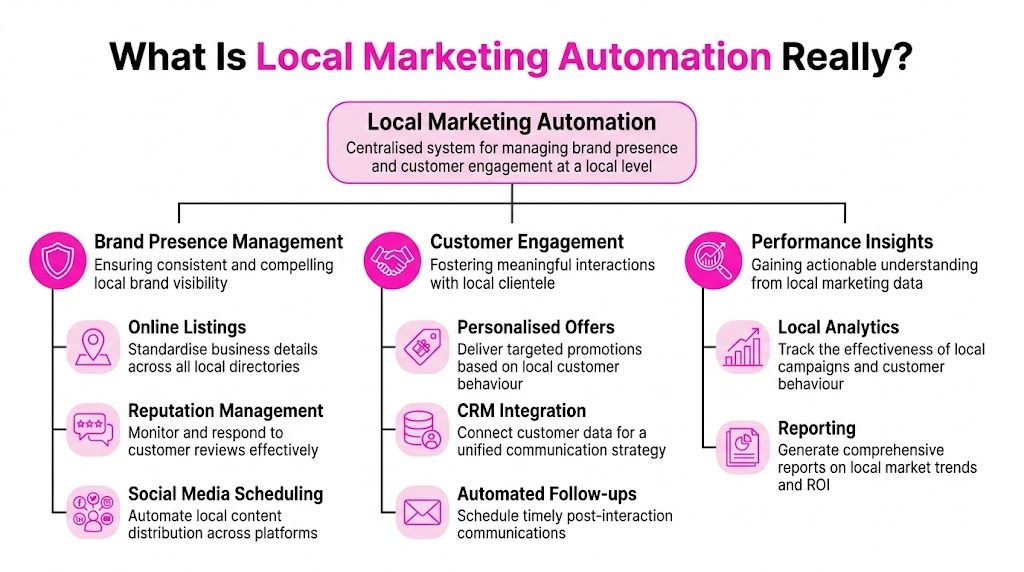 Eine Grafik, die lokale Marketing-Automatisierung über Markenpräsenz-Management, Kundeninteraktion und Performance-Einblicke erklärt.