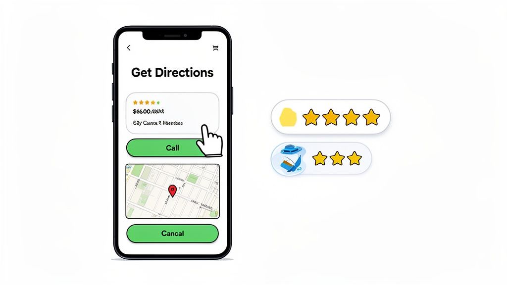 Een smartphonescherm met een app ‘Routebeschrijving’ met de beoordeling, prijs, adres en een kaart van een locatie. Een cursor wijst naar de knop ‘Bellen’.