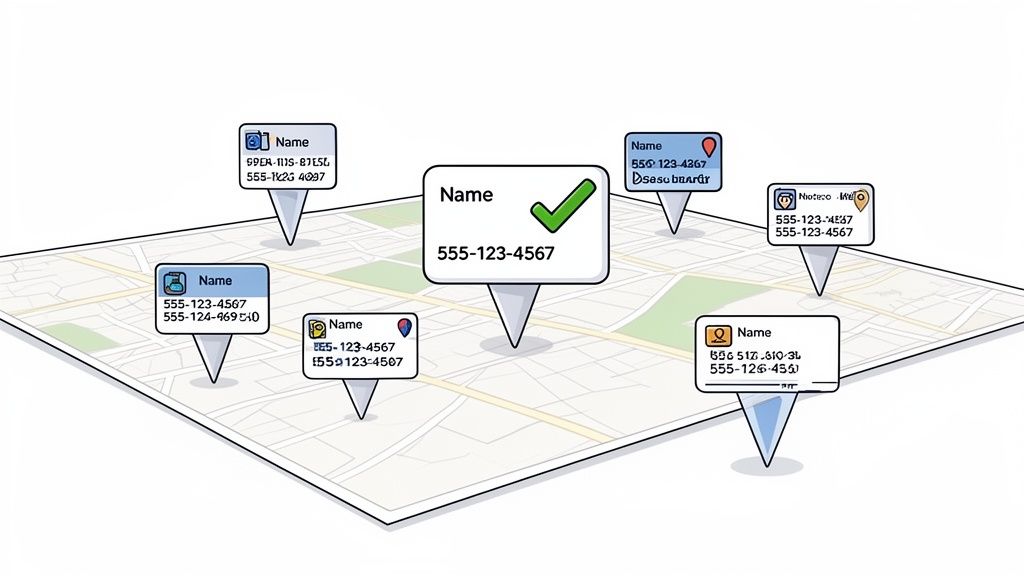 Mapa con varios marcadores de ubicación, cada uno mostrando un nombre y números de teléfono de contacto.