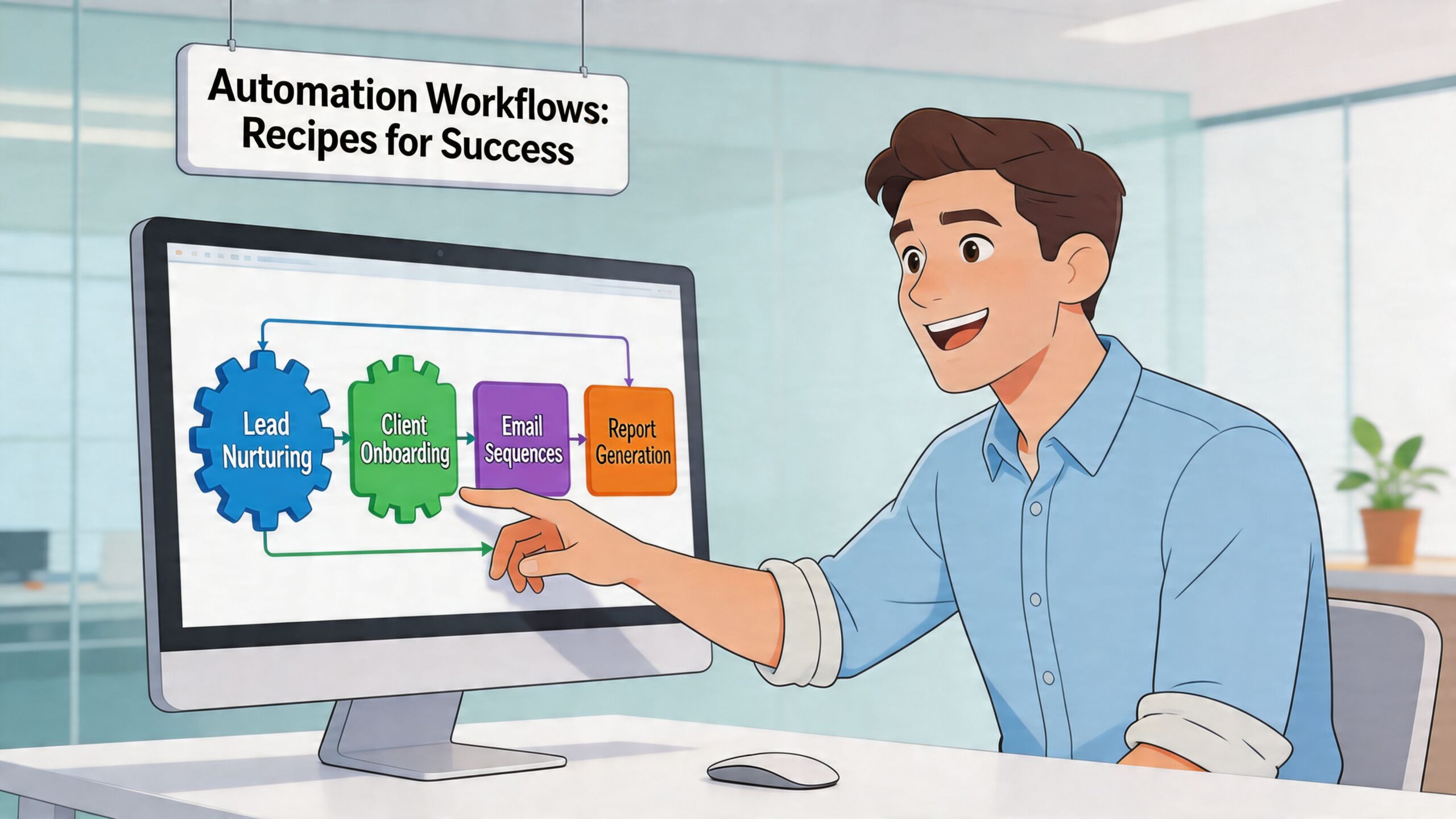 Profesionální muž ukazuje na obrazovku počítače, na níž je zobrazen diagram workflow automatizace pro firemní provoz.
