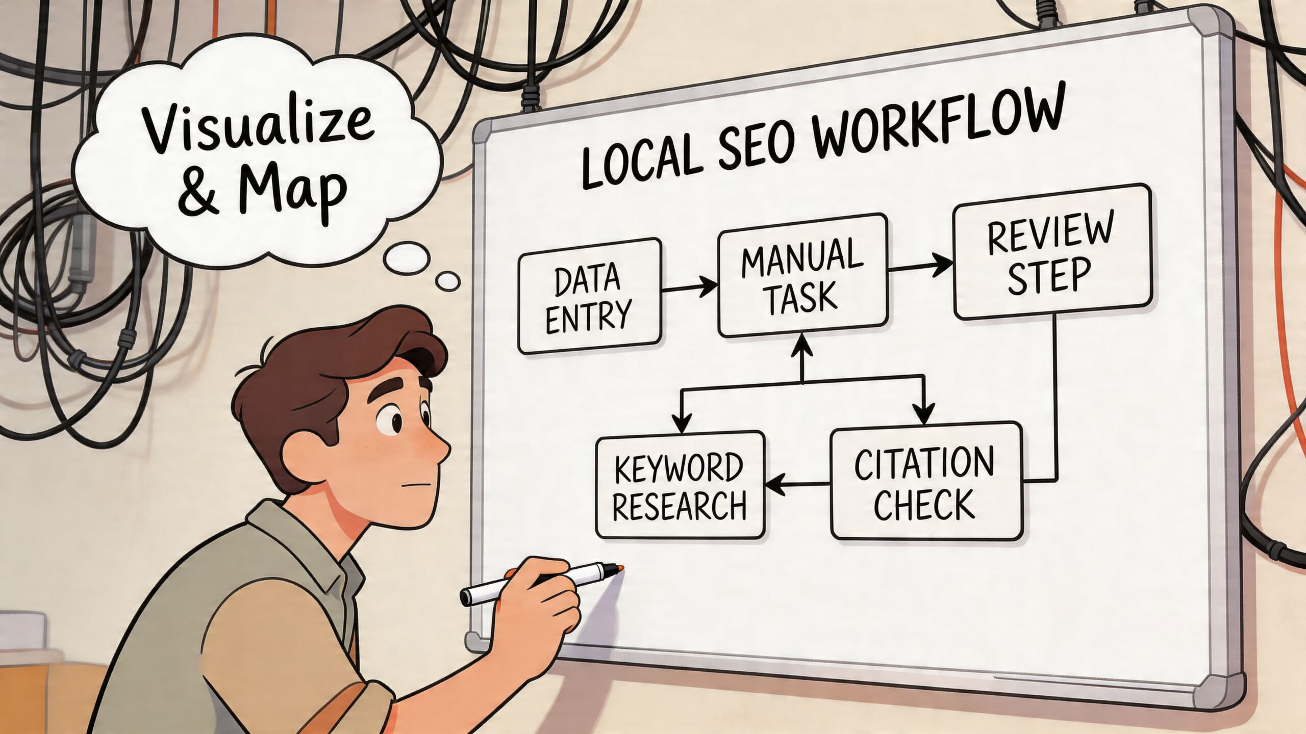 Osoba stojící před bílou tabulí s diagramem procesu local SEO workflow krok za krokem.