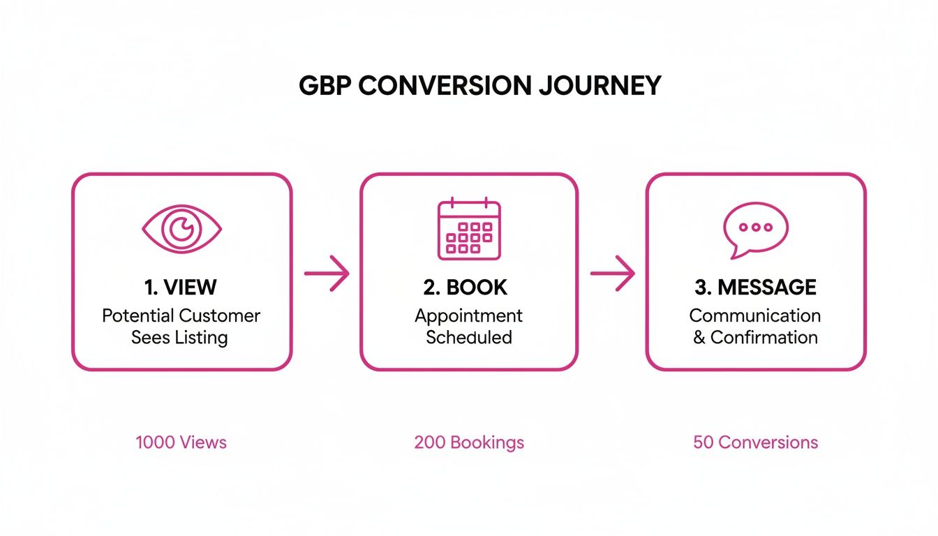 Diagrama de flujo que ilustra un recorrido de conversión en un GBP desde 1000 visualizaciones hasta 50 conversiones, detallando la interacción del cliente.