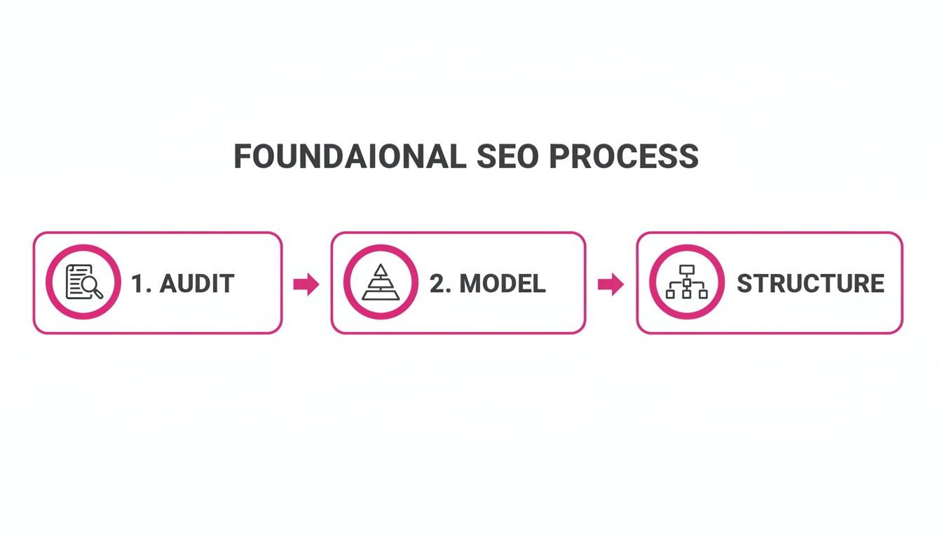 Un diagramma di processo SEO di base che mostra tre fasi sequenziali: 1. Audit, 2. Modello e 3. Struttura.