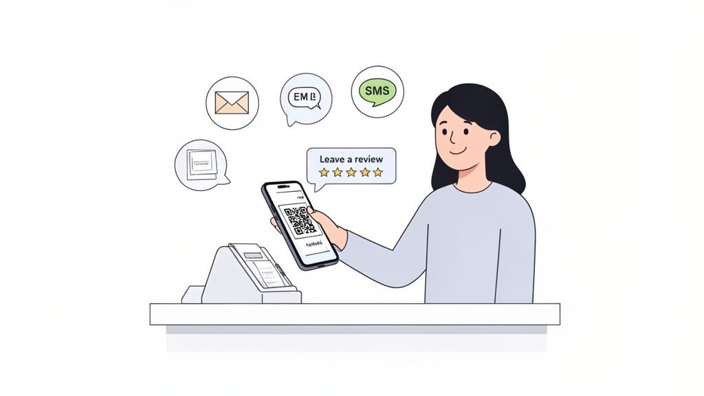 Una donna tiene uno smartphone mentre scansiona un codice QR per lasciare una recensione, con opzioni email e SMS.