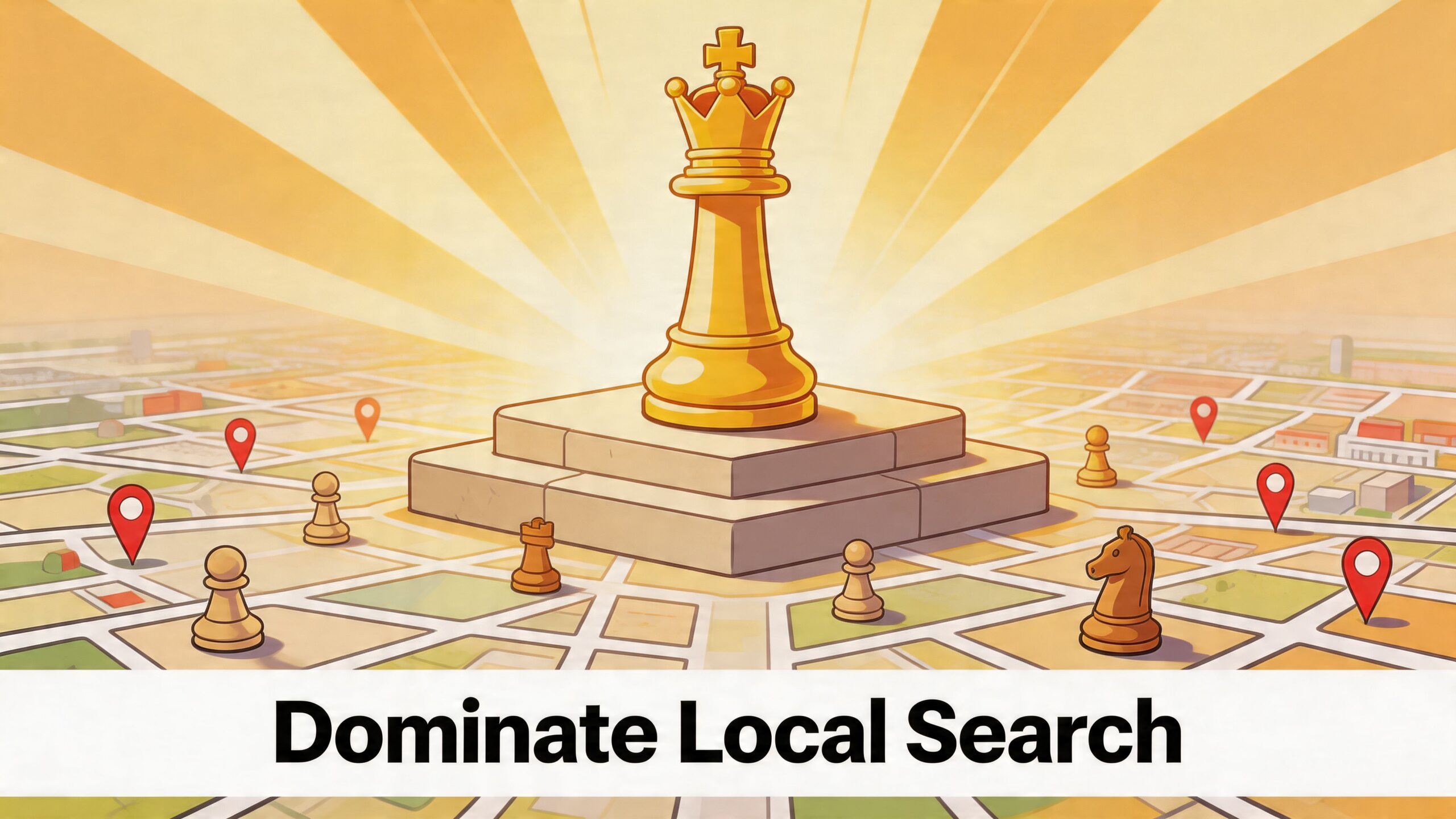 A golden chess king standing on a pedestal over a map with location pins and pieces.