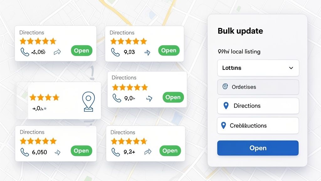 Interface utilisateur affichant plusieurs fiches d’entreprises locales avec notes, coordonnées et un panneau de mise à jour en masse.