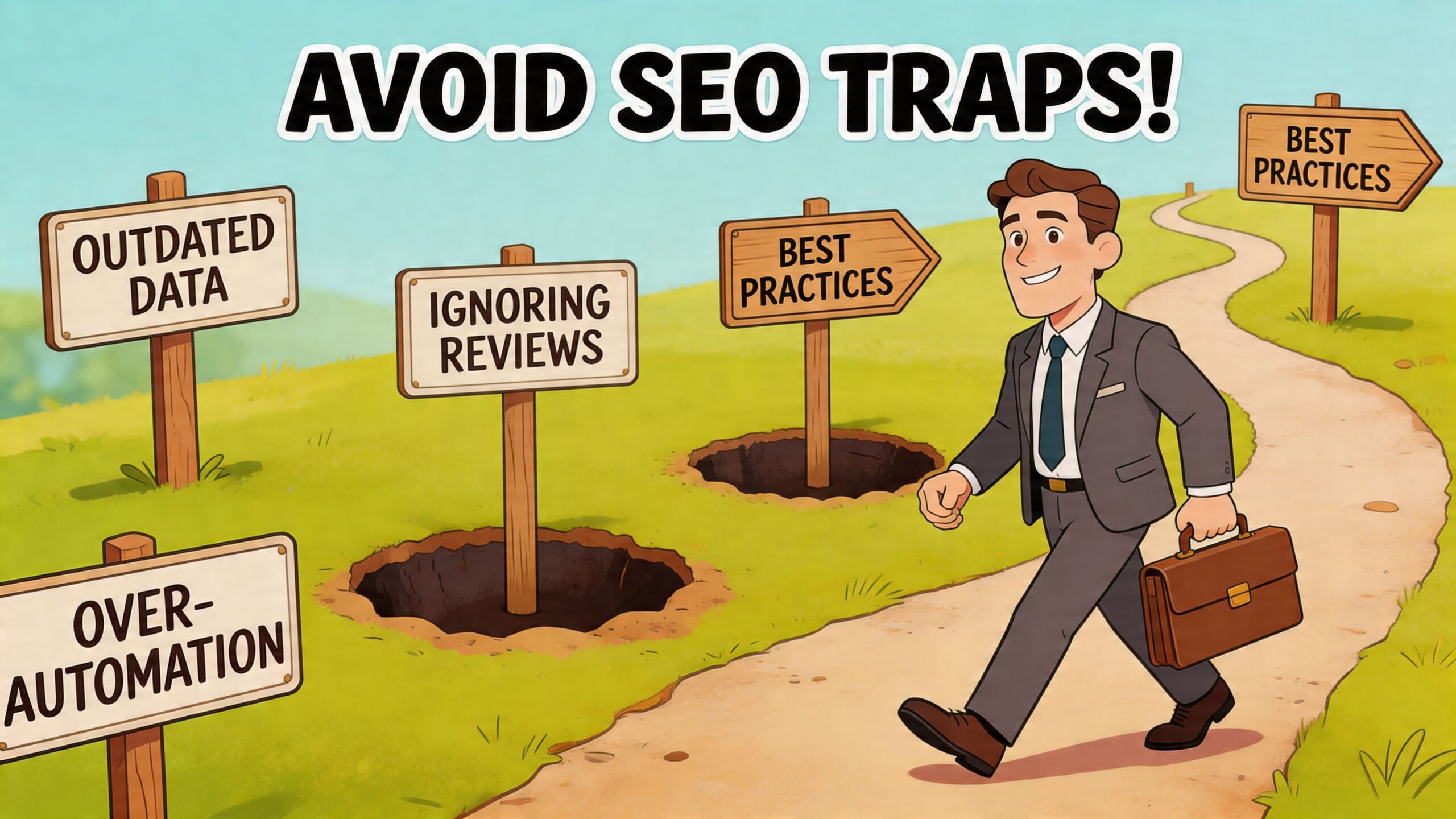 Ein Geschäftsmann geht auf einem Weg an Schildern vorbei, die typische SEO-Fehler darstellen, um Best Practices zu finden.