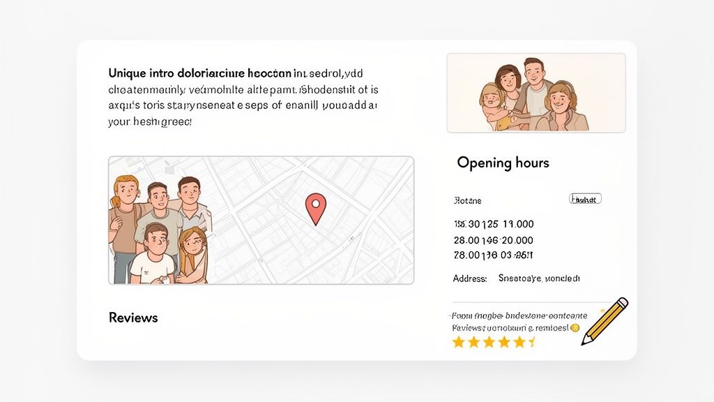 Een website-indeling met bedrijfsinformatie, waaronder een introductie, een kaart, openingstijden en klantbeoordelingen met illustraties.