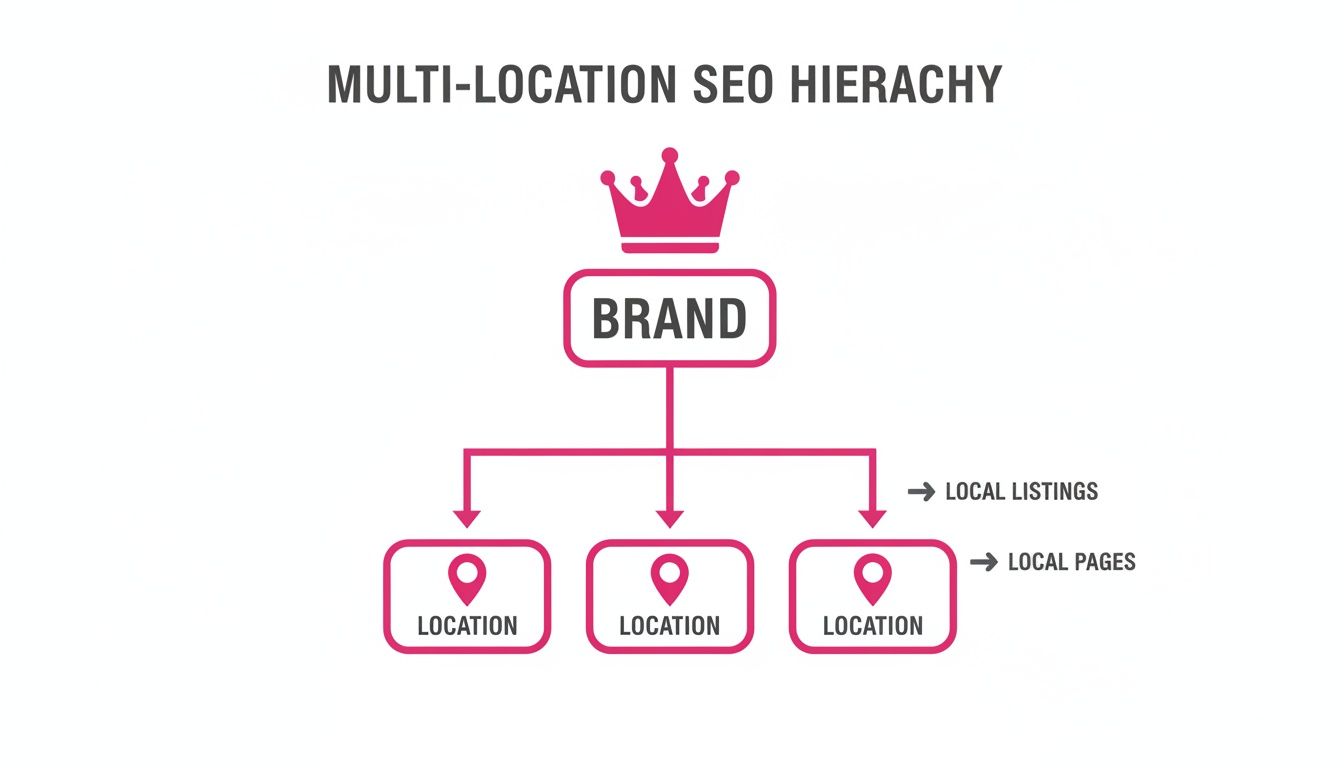 Schéma illustrant une hiérarchie SEO multi-emplacements, reliant la marque à plusieurs emplacements, fiches locales et pages.