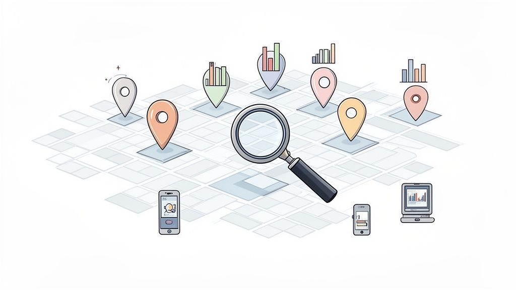 Una lupa situada sobre un mapa digital con varios marcadores de ubicación y gráficos de datos empresariales