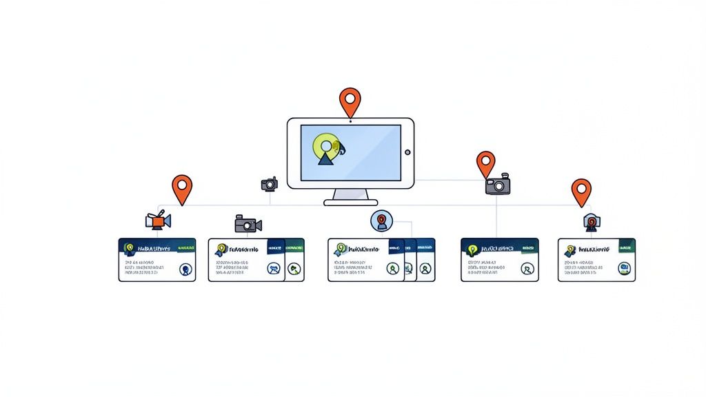 Un diagrama de flujo digital que ilustra un sistema de gestión de franquicias que conecta un ordenador central con varias tarjetas de ubicación de sucursales.
