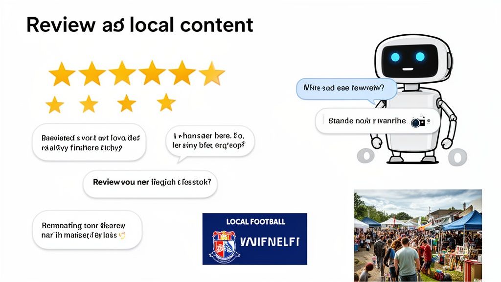 Prezentační snímek s hvězdičkami recenzí, chatbotem ve formě robota a živým místním trhem.