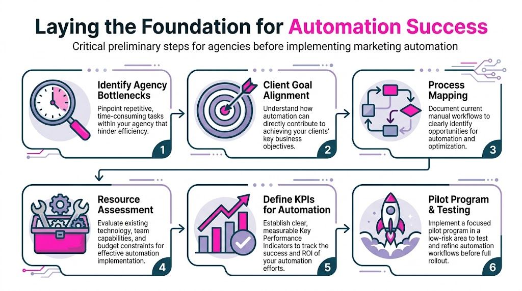 Infografika s názvem Budování základů pro úspěch automatizace, která nastiňuje šest klíčových kroků pro marketingovou automatizaci agentur.