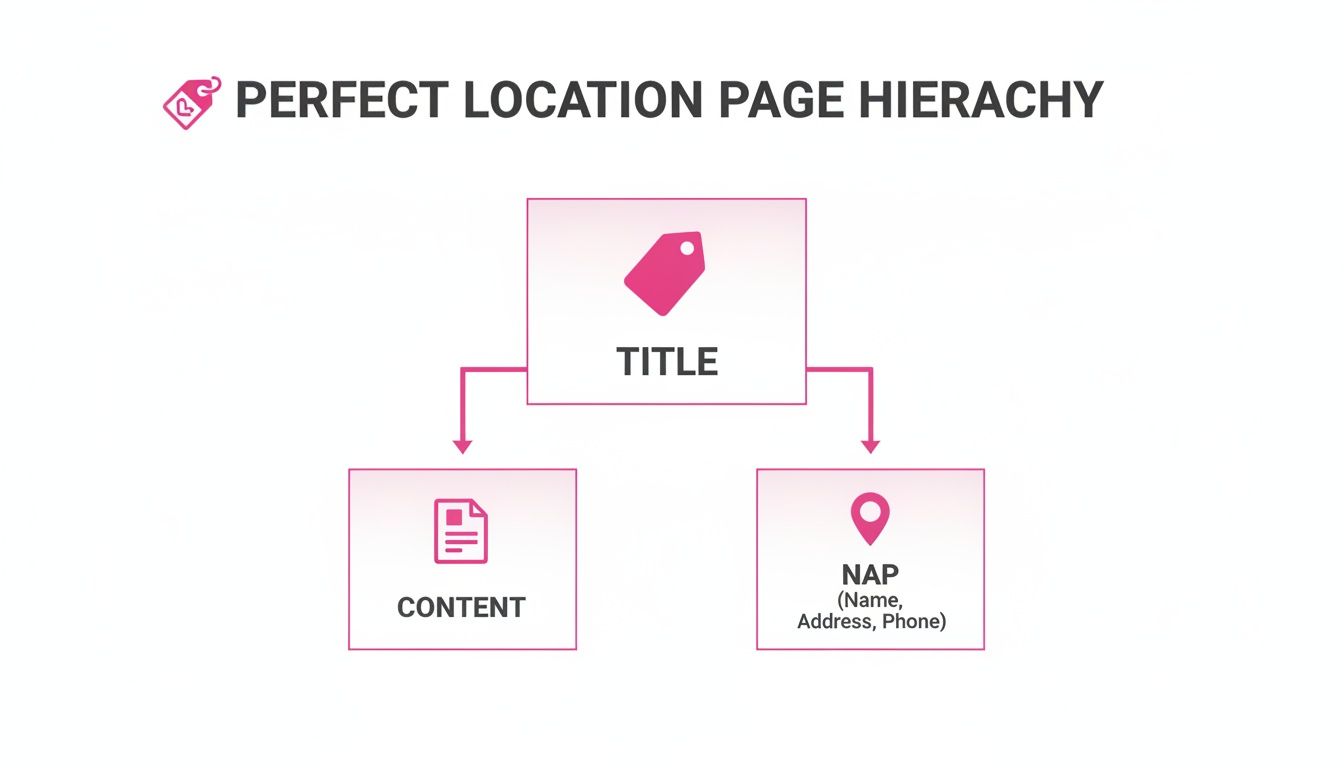 Schéma illustrant la hiérarchie idéale d’une page d’emplacement optimisée pour le SEO, montrant le titre, le contenu et les éléments NAP.