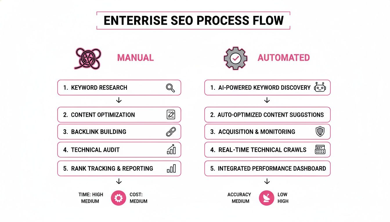 Flowchart comparing manual and automated enterprise SEO processes, detailing steps, time, cost, and accuracy.