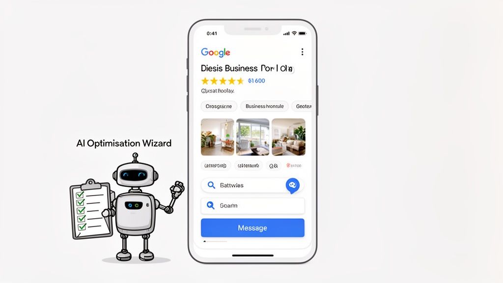 A robot holds a checklist next to a smartphone displaying a Google Business Profile for local optimisation.