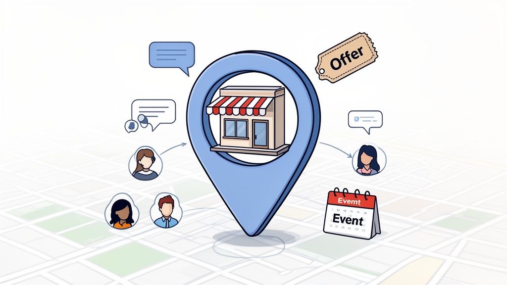 A store on a map pin connects with customers, offers, events, and messages, illustrating local business marketing.